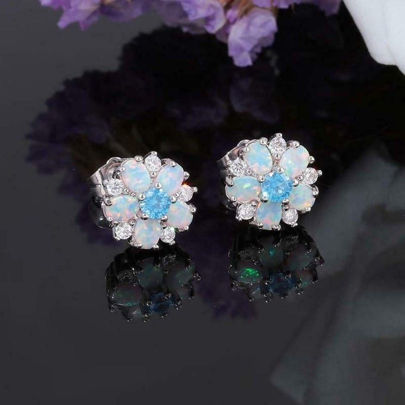 CiNily Flower Earrings,Blue Opal Stud Earrings Sterling Silver Plated Ladies Flower Stud Earrings Cute Unique Earrings - Image 2